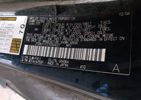 2007 Toyota Fj Cruiser z USA, uszkodzony, nr VIN JTEBU11F270066027